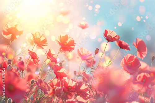 Fototapeta Naklejka Na Ścianę i Meble -  Poppy Flower Wallpaper in light pink and blue colors 