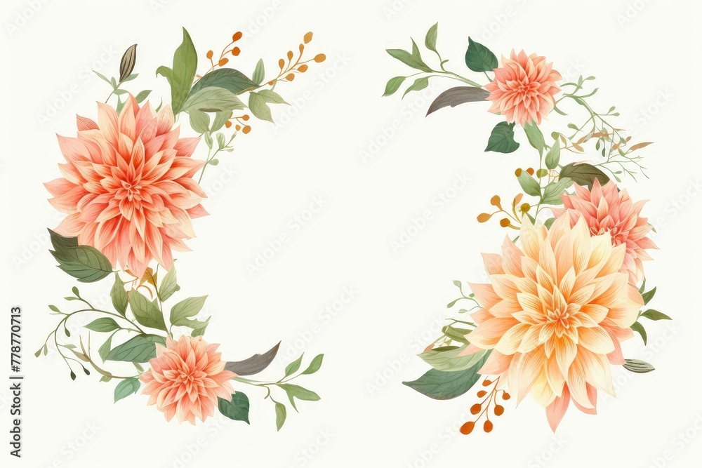 Watercolor dahlia clipart in bold and vibrant colors. flowers frame, botanical border, Flowers on a white background. Watercolor clipart, Botanical illustration for design wedding card, invitation.