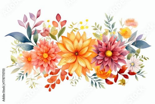Watercolor dahlia clipart in bold and vibrant colors. flowers frame, botanical border, Flowers on a white background. Watercolor clipart, Botanical illustration for design wedding card, invitation. © JR BEE