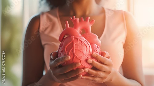 Woman holding human heart model. Cardiovascular diseases, Atherosclerosis, Hypertensive heart, Valvular heart, World Heart day and health concept	 photo