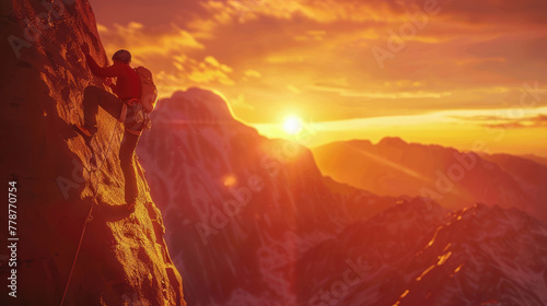 An adventurer climbs a steep rock face against a vibrant sunset backdrop, symbolizing achievement and the beauty of nature