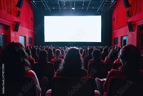 A captivated audience sits facing a large, blank cinema screen, anticipating the start of a film in a modern movie theatre photo