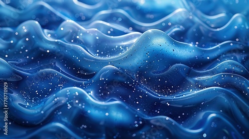 looped festive liquid BG in 4k. Abstract wavy pattern on bright glossy surface, liquid gradient blue color, waves on paint fluid in smooth animation. Glitters on viscous 3d liquid. Creative backdro