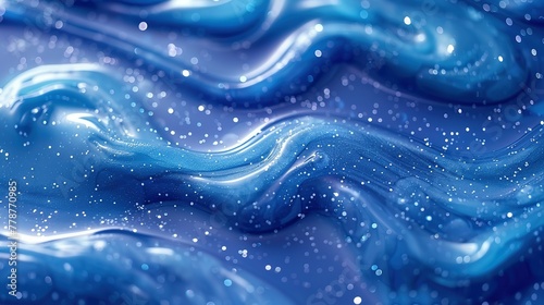 looped festive liquid BG in 4k. Abstract wavy pattern on bright glossy surface, liquid gradient blue color, waves on paint fluid in smooth animation. Glitters on viscous 3d liquid. Creative backdro