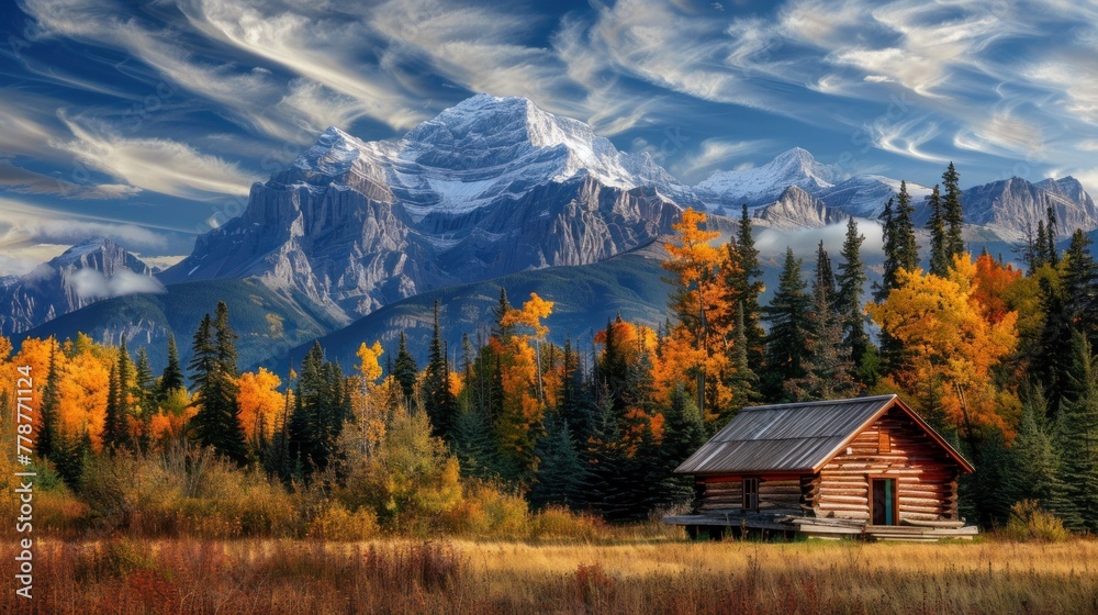 wooden house with mountains in the forest during autumn .AI generated image