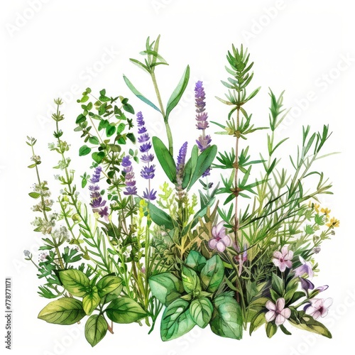 Watercolor clipart of a summer herb garden  culinary freshness on white background