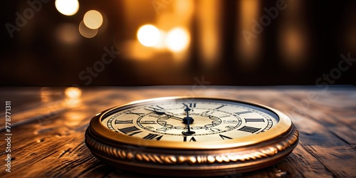 A symbol of timeless elegance, a gold pocket watch graces the wooden table, its face marked with Roman numerals.