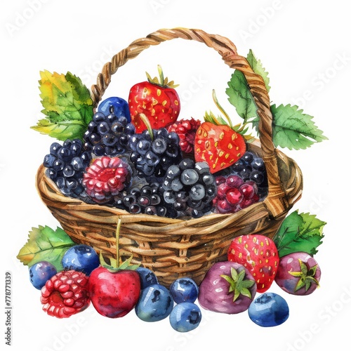 Watercolor collection of summer berries in a basket  vibrant on white background
