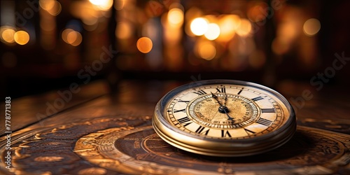 A symbol of timeless elegance, a gold pocket watch graces the wooden table, its face marked with Roman numerals.