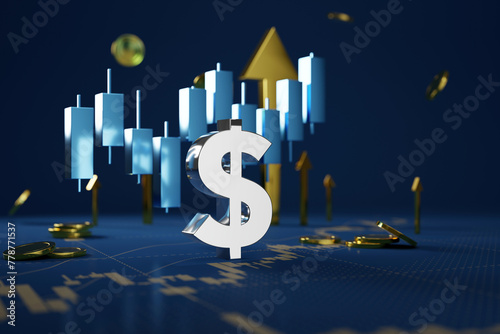 3D rendering dollar sign, intricately integrated into the scene, signifies financial abundance and successful investments.