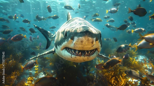 Sharks swim underwater among small fish in search of prey