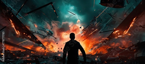 A man stands in front of a large explosion