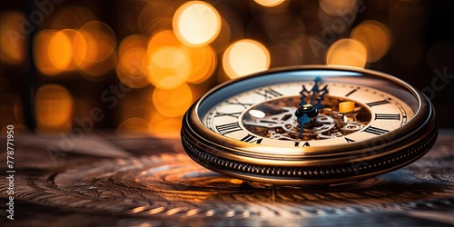 A symbol of timeless elegance, a gold pocket watch graces the wooden table, its face marked with Roman numerals.