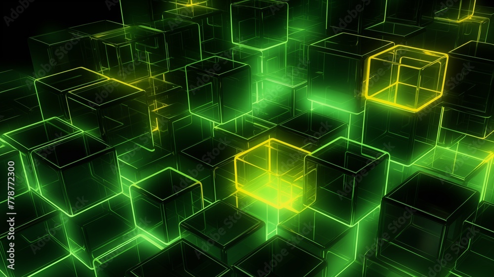 Futuristic Neon Green Glowing Cubes in a Digital 3D Abstract Bac