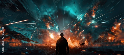 A man stands in front of a huge explosion. The scene was dark and chaotic, with rubble and fire everywhere. photo