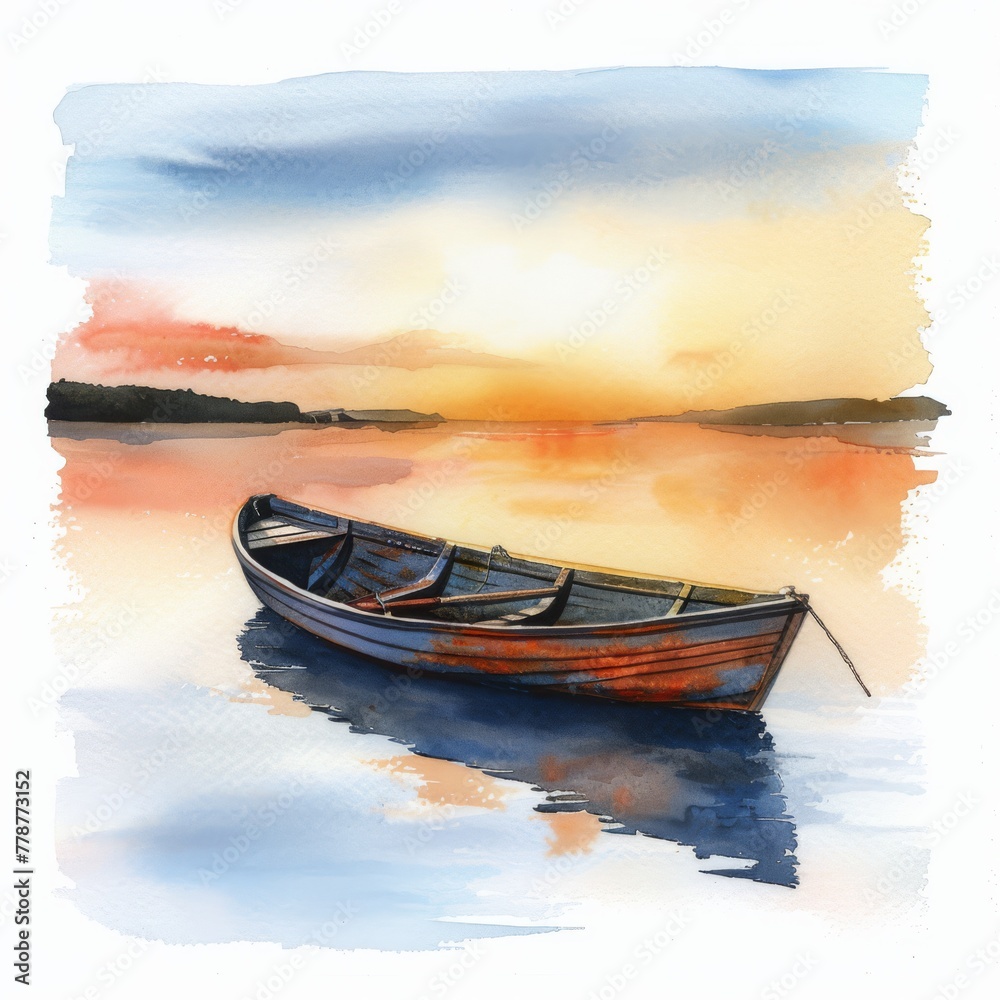 A peaceful rowboat on the shore with a sunset reflection, watercolor on white background