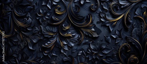 A detailed black and gold floral pattern decorates a wall, resembling a sculpture of intricate metal art with a dark, elegant design, forming a circle of beauty
