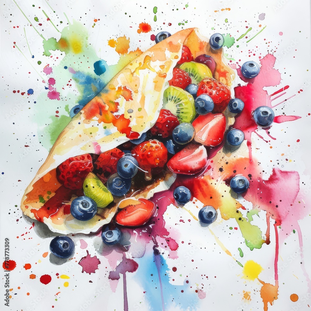 A watercolor painting of a fruit crepe, with delicate and colorful splashes