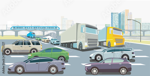Personenwagen und Lastwagen auf der Autobahn mit Schnellzug,    Illustration