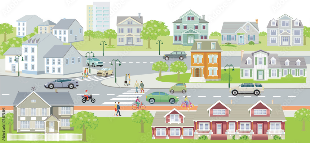 Stadtsilhouette mit Menschengruppen in der Vorstadt im Wohnviertel,–  Illustration