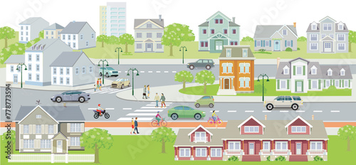 Stadtsilhouette mit Menschengruppen in der Vorstadt im Wohnviertel,– Illustration