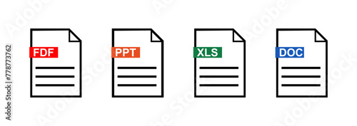 Document file icons. Doc, Pdf, Xls, Ppt flat icon. Vector illustration.