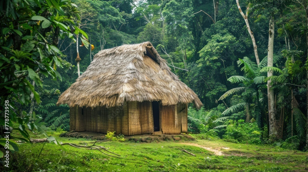 a small thatched roof hut in the middle of the forest. The hut is made of wood and has a simple design.AI generated image a small thatched roof hut in the middle of the forest. The hut is made of wood and has a simple design.AI generated image