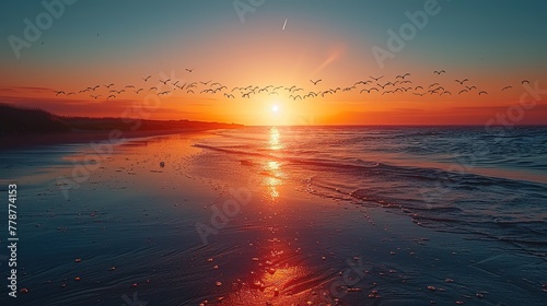 Silhouetted Dunlins (Calidris canutus) in flight during post-nuptial migration at sunset on the scenic Snettisham coast, England, depicting the beauty of natural rhythms - Generative AI photo