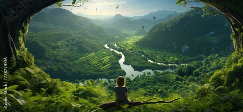 Tranquil streams wind their way through verdant valleys, embraced by majestic mountains under a cloudy sky. © jambulart