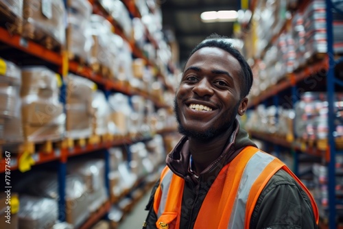 Portrait of a smiling male in a high-visibility vest in a warehouse setting with goods