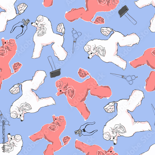 Grooming seamless illustration. Royal poodle and dog care products. Pattern for the groomer