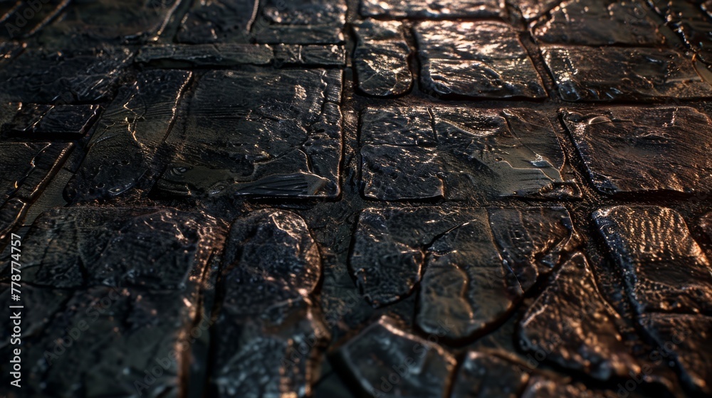 The image features a detailed close-up of wet tiled surface, with reflections that highlight each tile's unique texture The image features a detailed close-up of wet tiled surface, with reflections that highlight each tile's unique texture