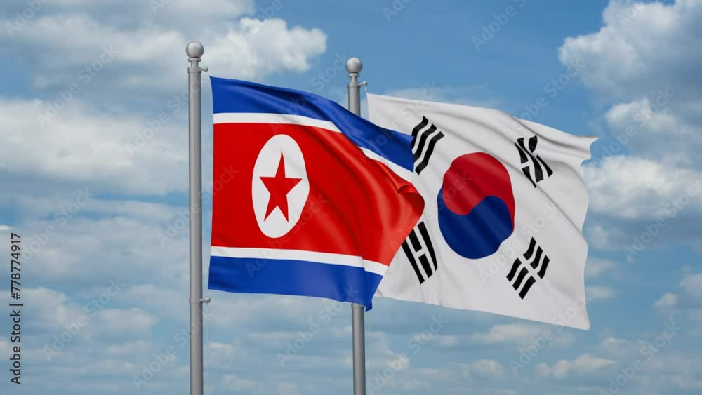 South Korea or Republic of Korea or ROK and North Korea two flags waving together, looped video, two country cooperation concept South Korea or Republic of Korea or ROK and North Korea two flags waving together, looped video, two country cooperation concept