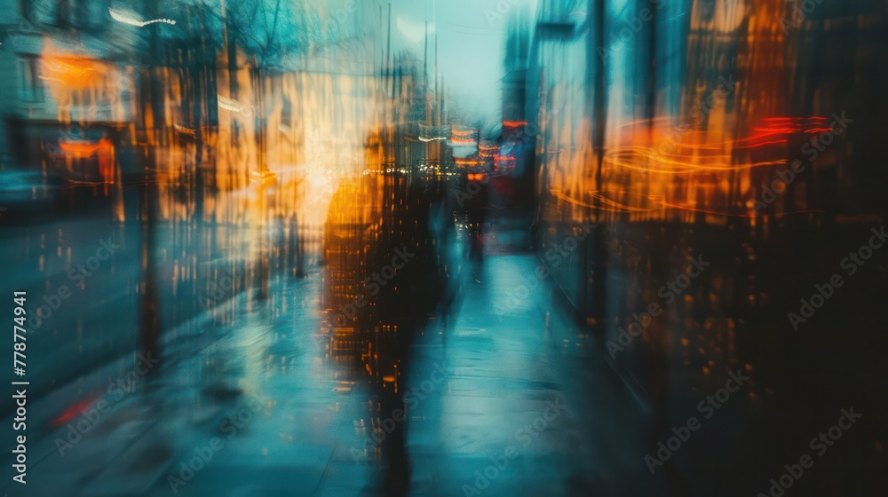 A blurry photo of a city street with people walking and cars driving