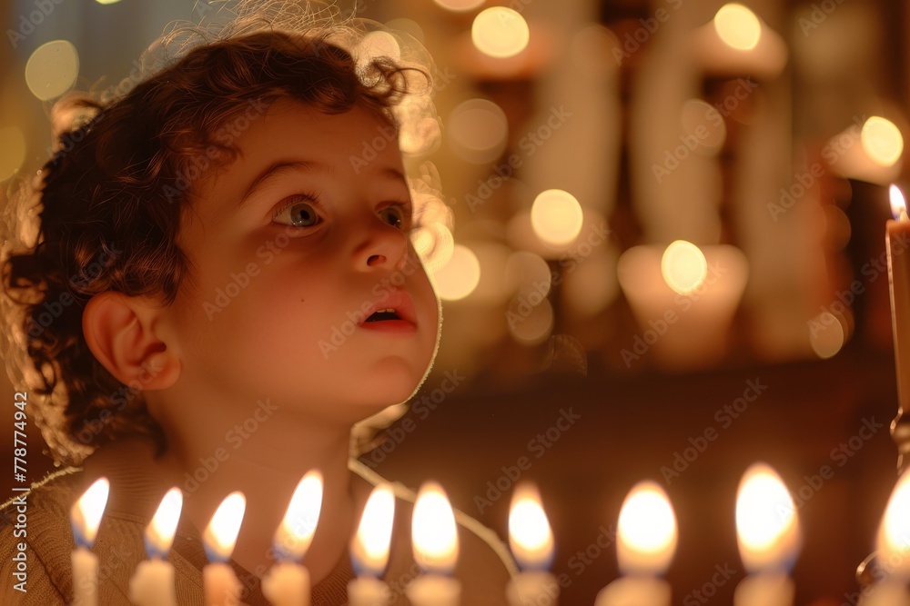 A young child gazes with wonder at the glowing candles of a menorah during a Hanukkah celebration A young child gazes with wonder at the glowing candles of a menorah during a Hanukkah celebration