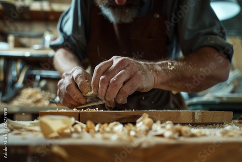 Close up of skilled artisan hands working with chisel and mallet on a piece of wood, with wood shavings around