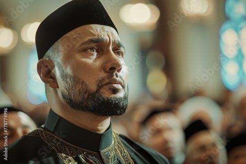 An image of a priest engaged in a solemn ceremony, capturing the spiritual and emotional weight of religious services photo