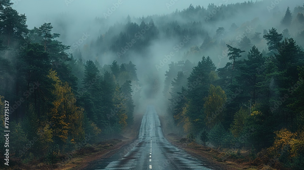 Empty rural road passing by forest on foggy day - Generative AI - obrazy, fototapety, plakaty 