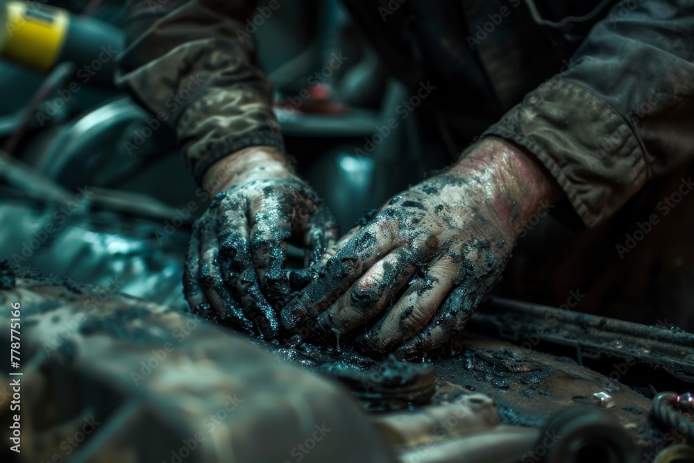 Close-up of a mechanic's hands covered in grease and oil while working on machinery parts in a workshop