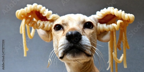 Noodles on the dog's ears. Generative AI