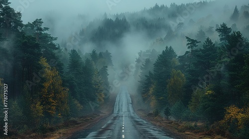 Empty rural road passing by forest on foggy day - Generative AI