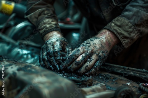 Close-up of a mechanic's hands covered in grease and oil while working on machinery parts in a workshop
