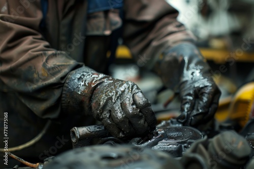 Detailed shot of a mechanic's hands covered in grime repairing or adjusting heavy machinery parts