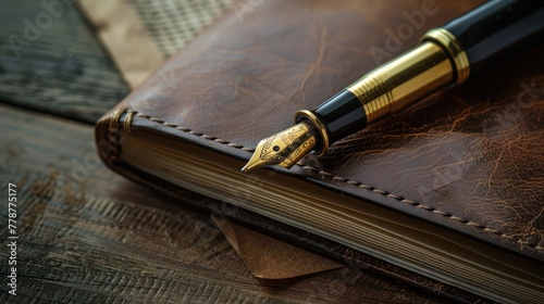 A pen is sitting on top of a leather bound book