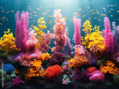 coral reef teeming with marine life  vibrant colors of corals  fish  and underwater plants