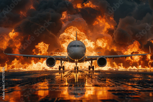 An airplane is poised on the runway, dramatic fiery clouds loom in the background, suggesting power and adventure