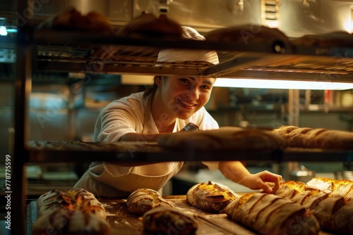 A baker attentively arranges freshly baked bread on shelves, highlighting the warmth and craftsmanship of the baking profession
