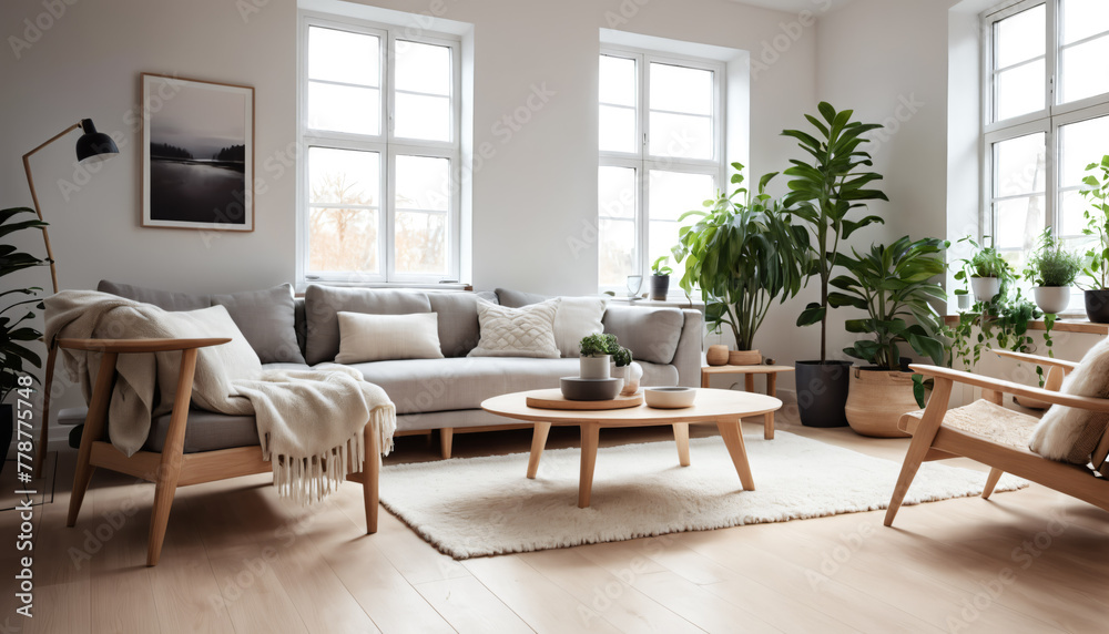 Scandinavian Living Room with Fireplace and Greenery Scandinavian Living Room with Fireplace and Greenery