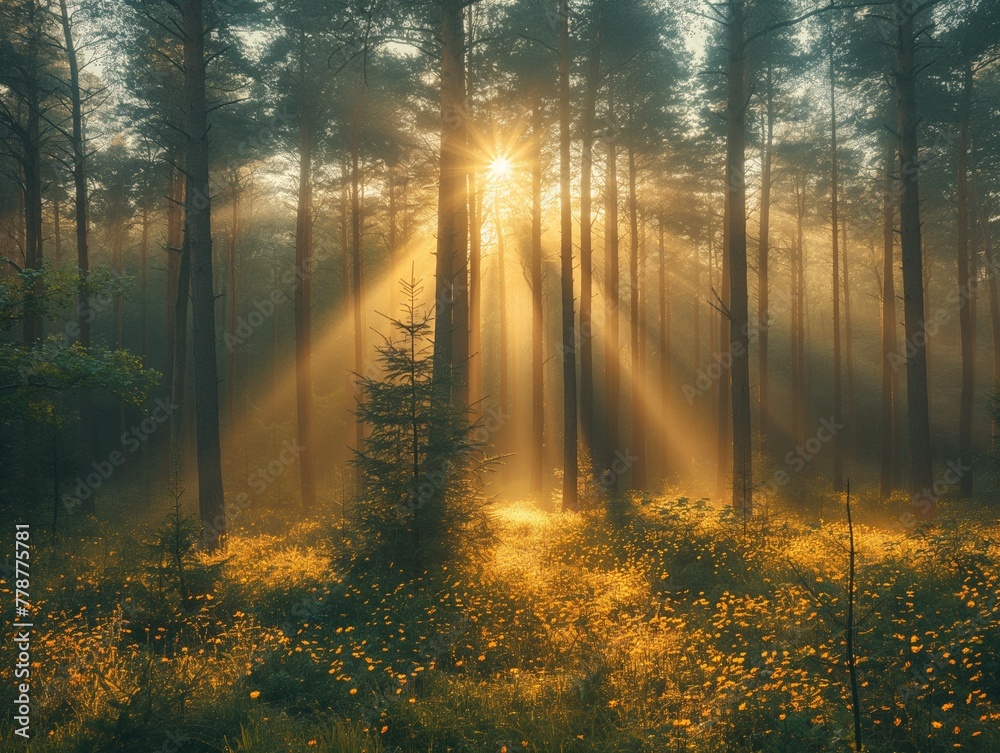 Fototapeta premium Sunbeams pour through trees in misty forest, Beautiful nature at morning in the misty spring forest