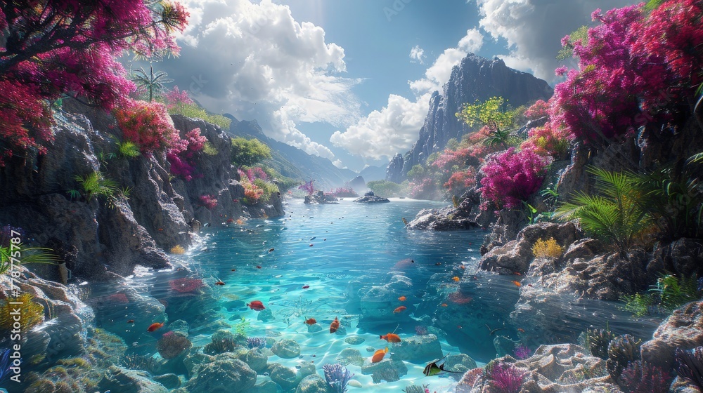 Beautiful Clear Water Landscape in Pond Teeming with Fish and Marine Life